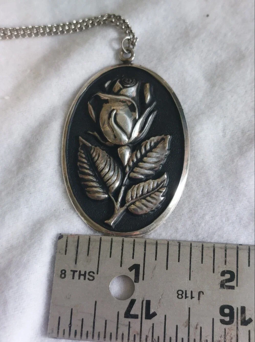 Vintage International Sterling Silver Oval Repoussé Rose Pendant Necklace